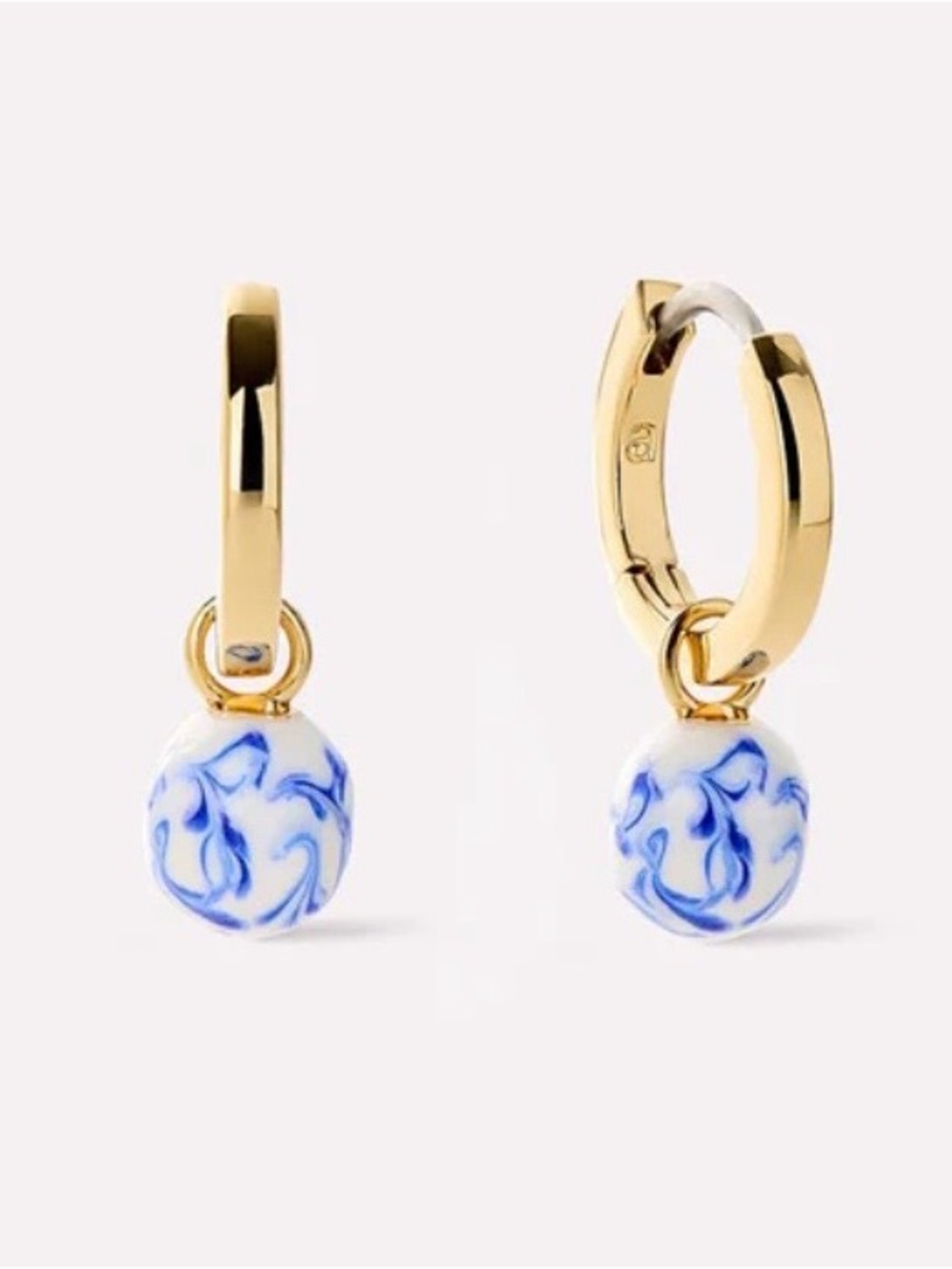 Ana Luisa 14k Gold Plated Huggie Hoop Earrings W/ Marble Blue Enamel Charm-NIB